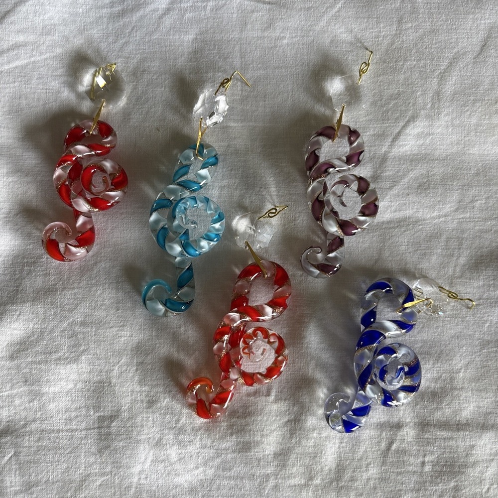 5 Glass Handblown Musical Treble Clef Swirl Art Glass Prisms Gold Red Blue Clear